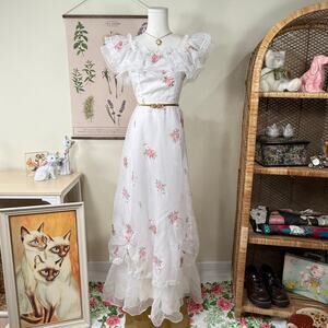 Vintage 70s Floral Lace Ruffle Maxi Dress Coquette Romantic Femme Princess XS
